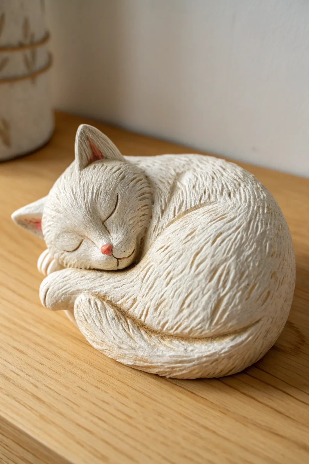 Curled sleeping clay cat with soft fur texture, minimalist Scandinavian styling and warm contrast.