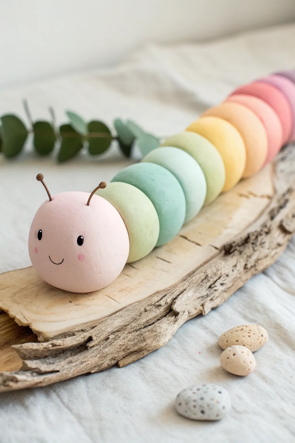 Rainbow ball caterpillar in clay, a bright beginner-friendly insect idea with minimalist charm