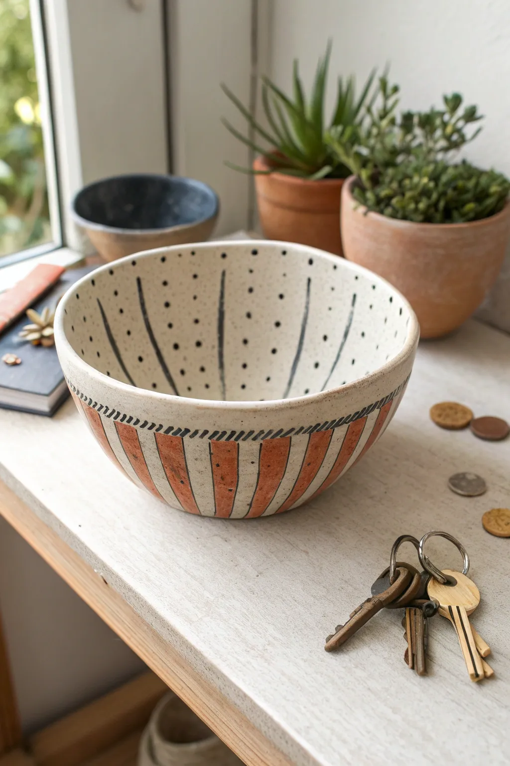 Modern striped pinch pot on pale wood shelf, styled with keys and coins for cozy clay inspo.