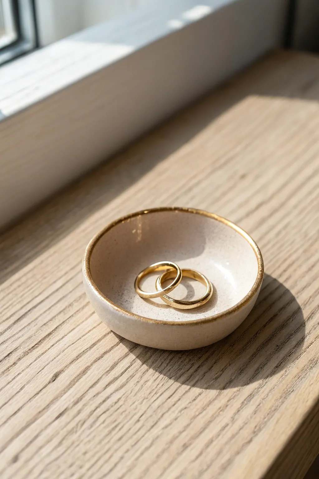 Minimal clay ring dish with a crisp gold rim, styled simply on warm wood with soft shadows.