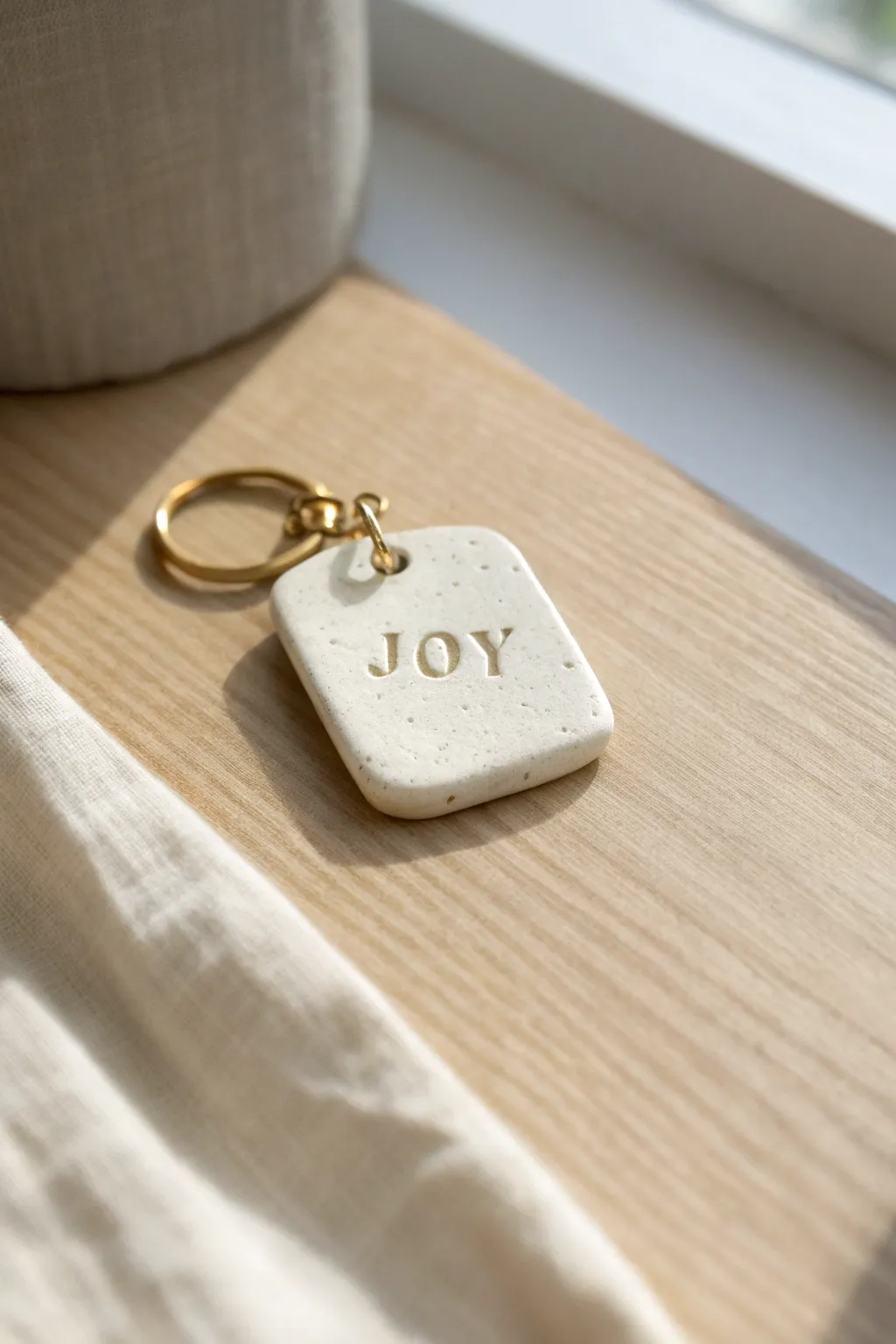 Minimal stamped clay word tag keychain in soft neutrals, simple DIY charm with Nordic boho feel.