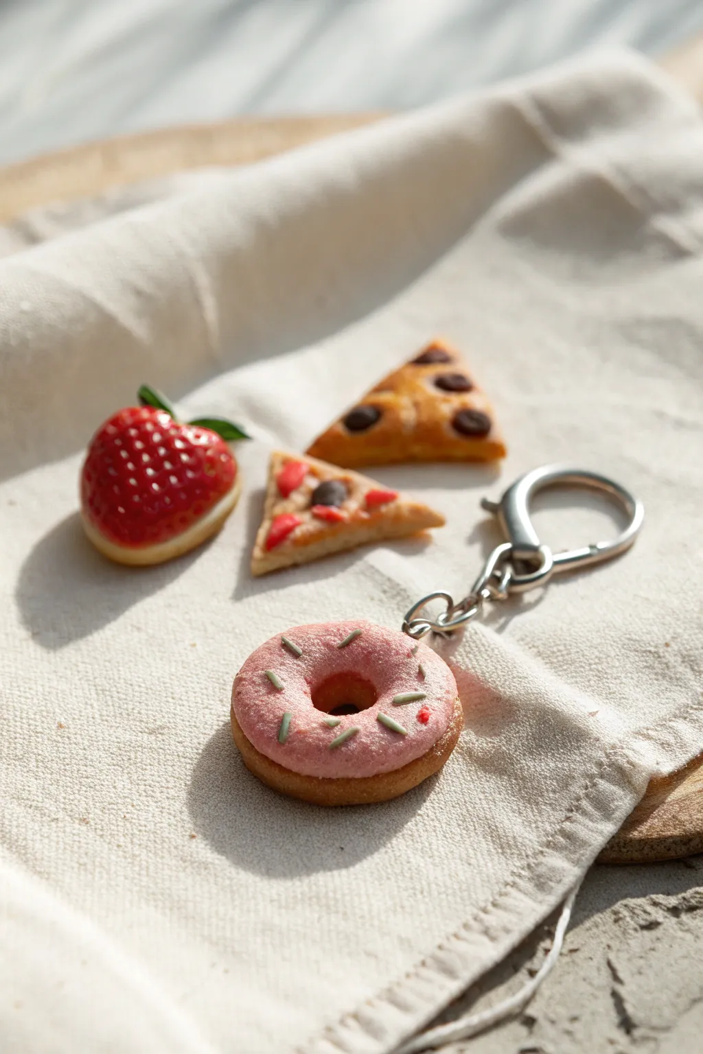 Sweet tiny clay food charms with simple keychain loops, styled minimal on a neutral backdrop.