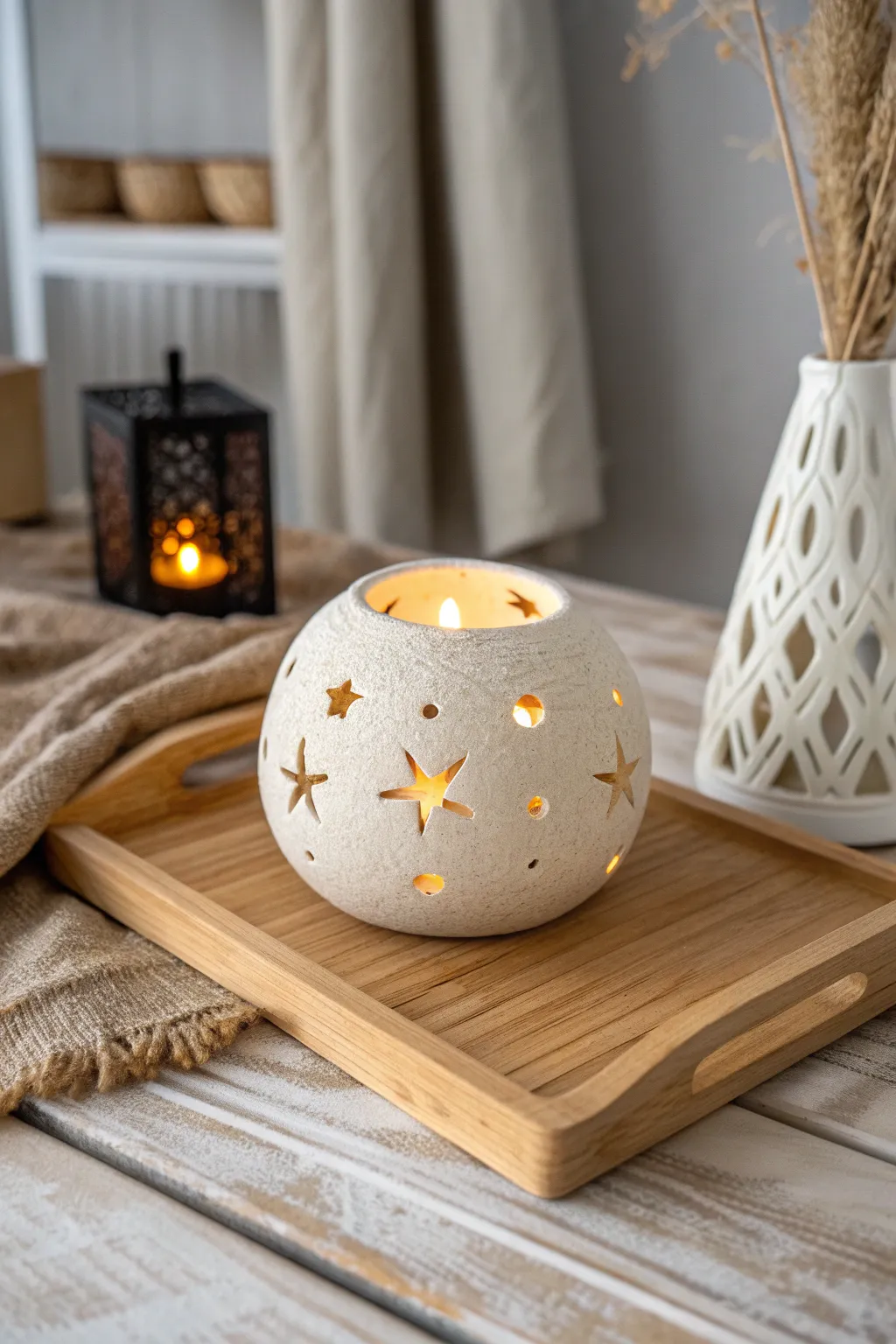 Starburst cutout clay lantern glowing softly, a minimalist boho accent for cozy evenings
