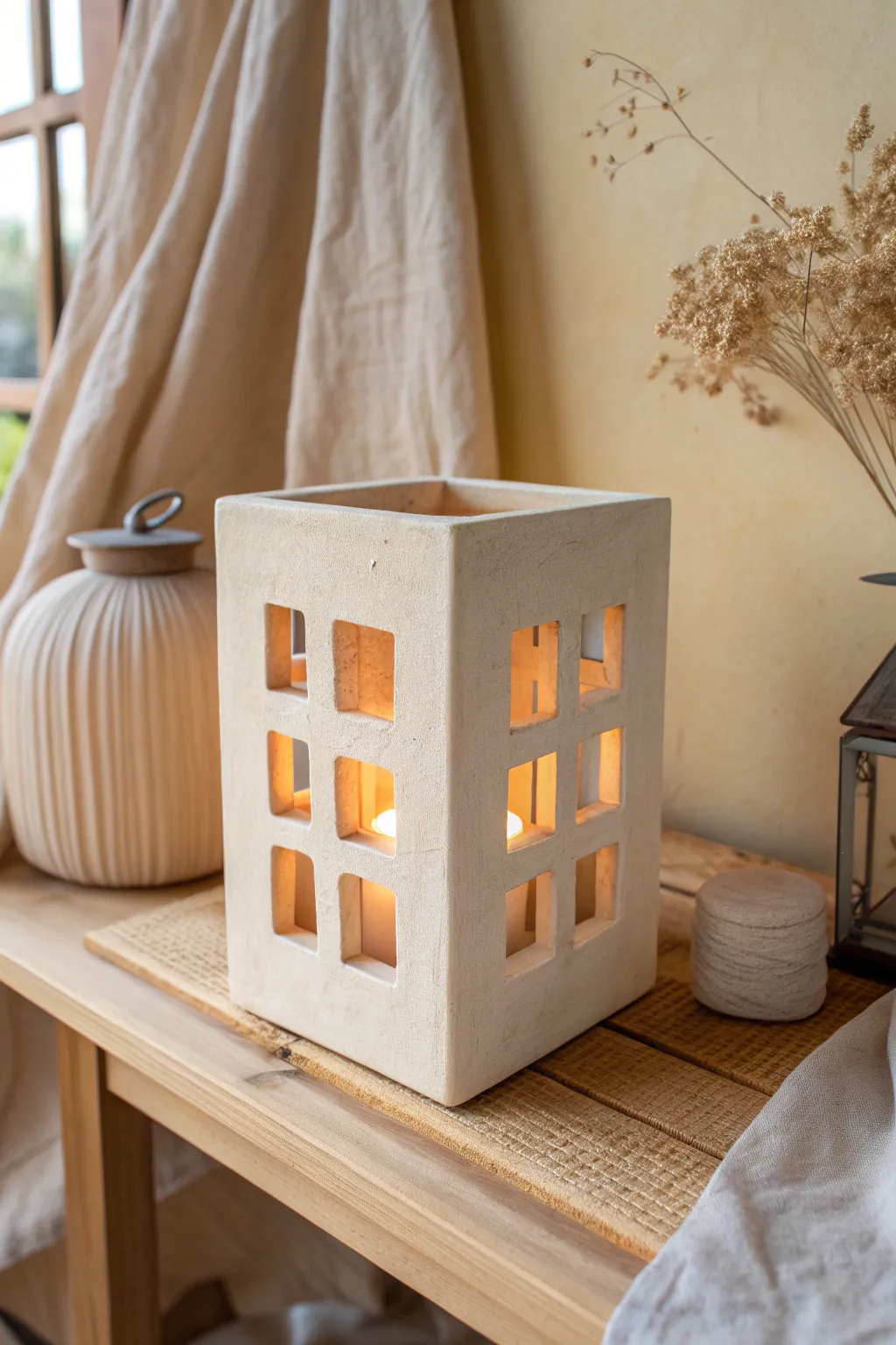 Slab-built box lantern with clean windows and a warm glow, minimal and cozy on a wood shelf