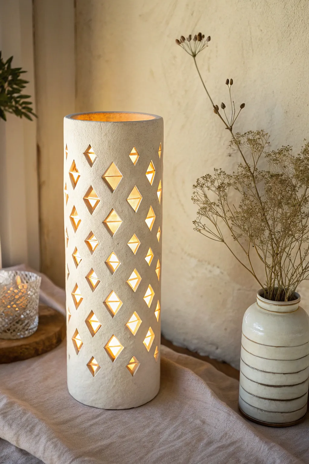 Even diamond windows make this clay luminary glow softly, projecting crisp geometric shadows.