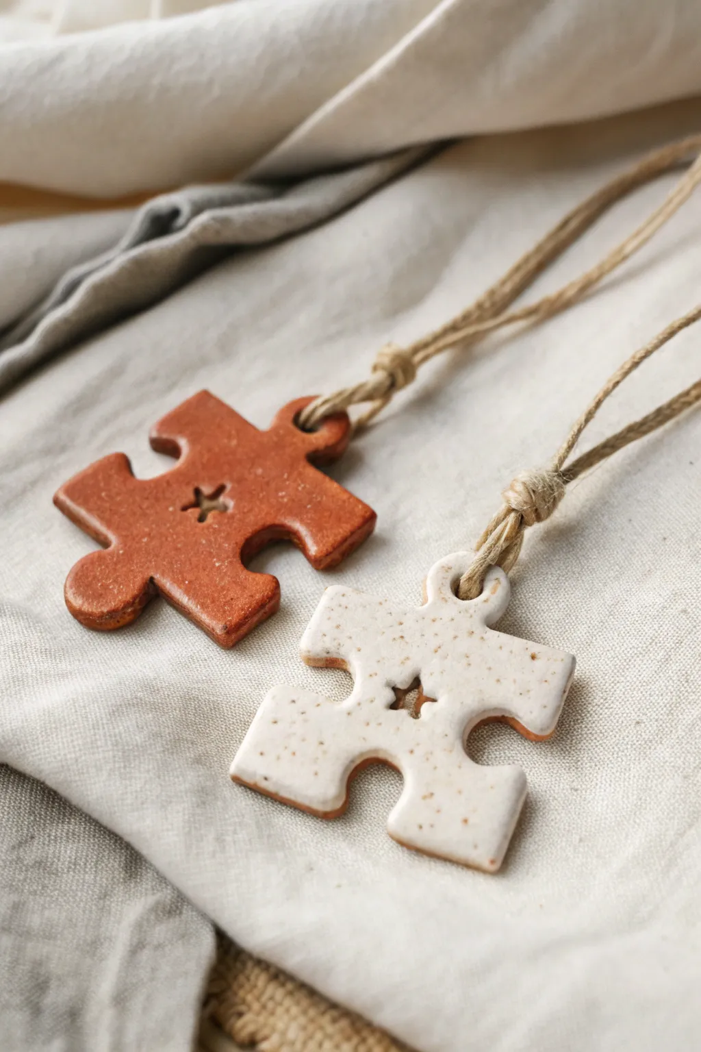 Interlocking clay puzzle charms, handmade for two, in calm Scandinavian tones with boho warmth.
