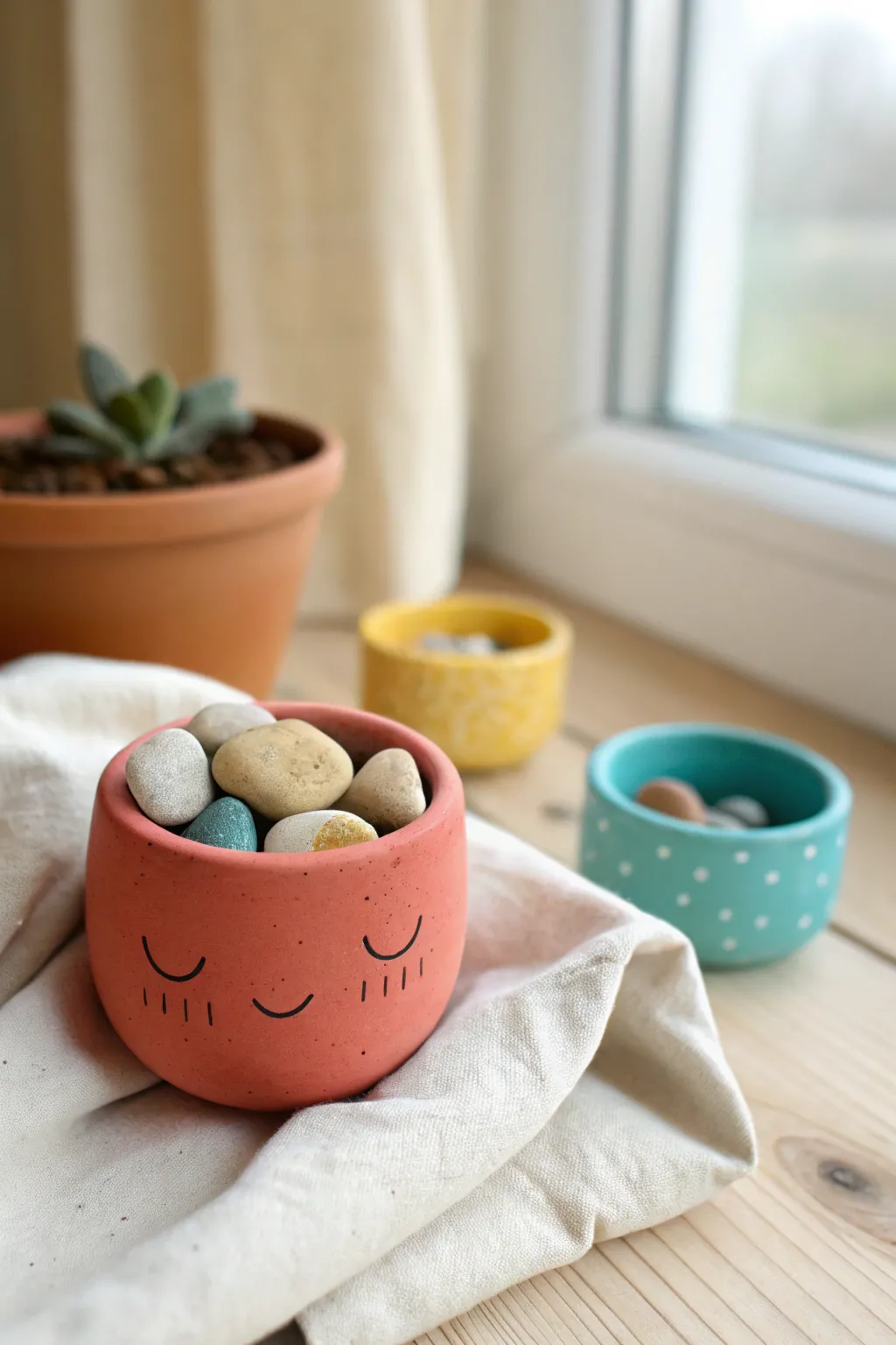 Cute colorful pinch pot with tiny pebbles, minimalist boho styling for easy kid craft inspiration.