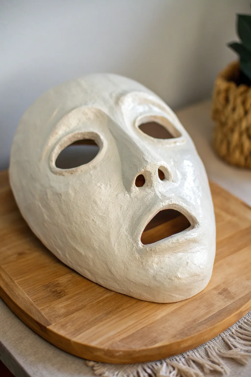 Surprised wide-eyes clay mask with glossy eyes and lips in soft minimalist boho styling