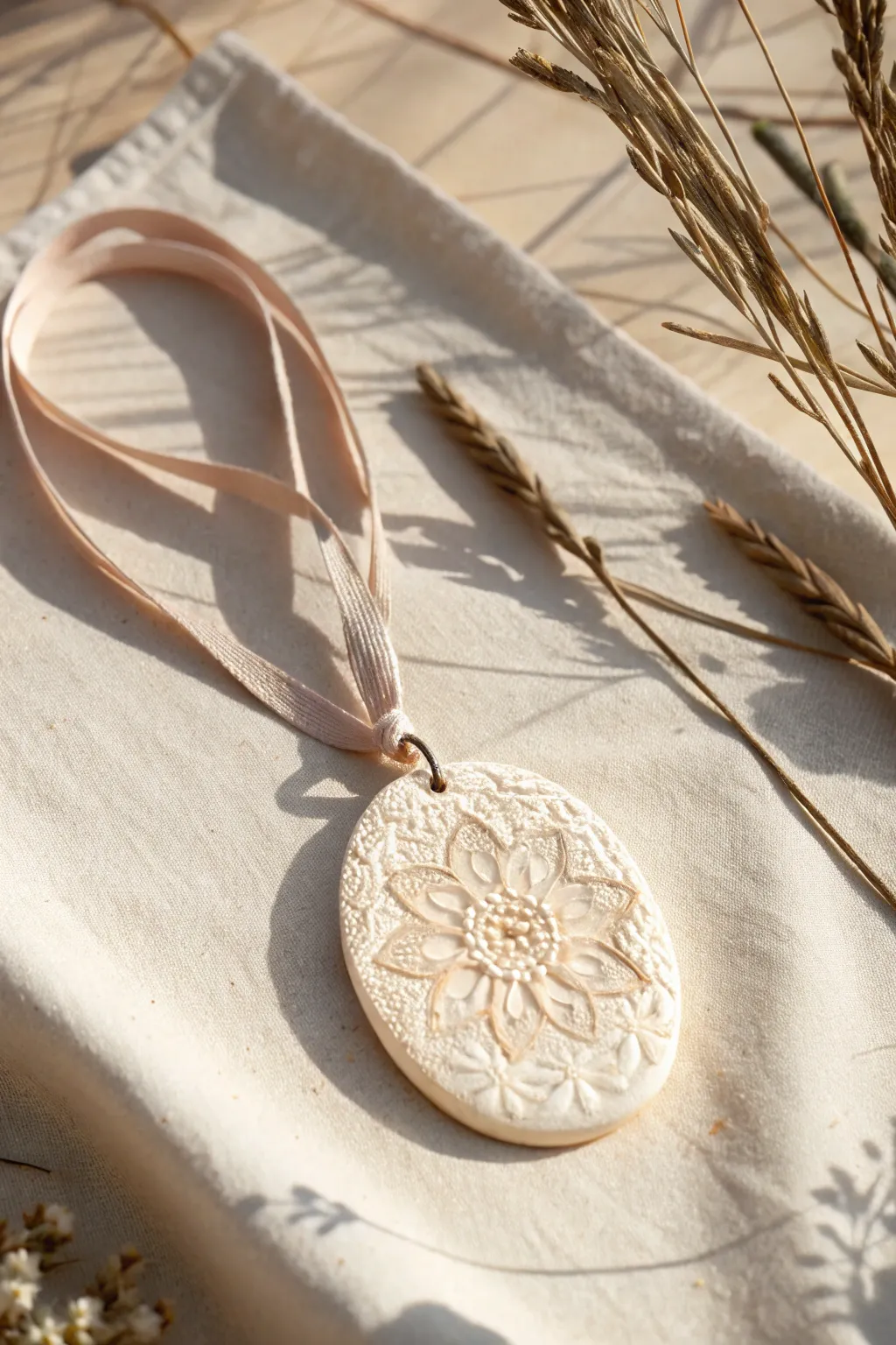 Ivory lace-impressed clay medallion pendant with soft blush highlights and crisp texture