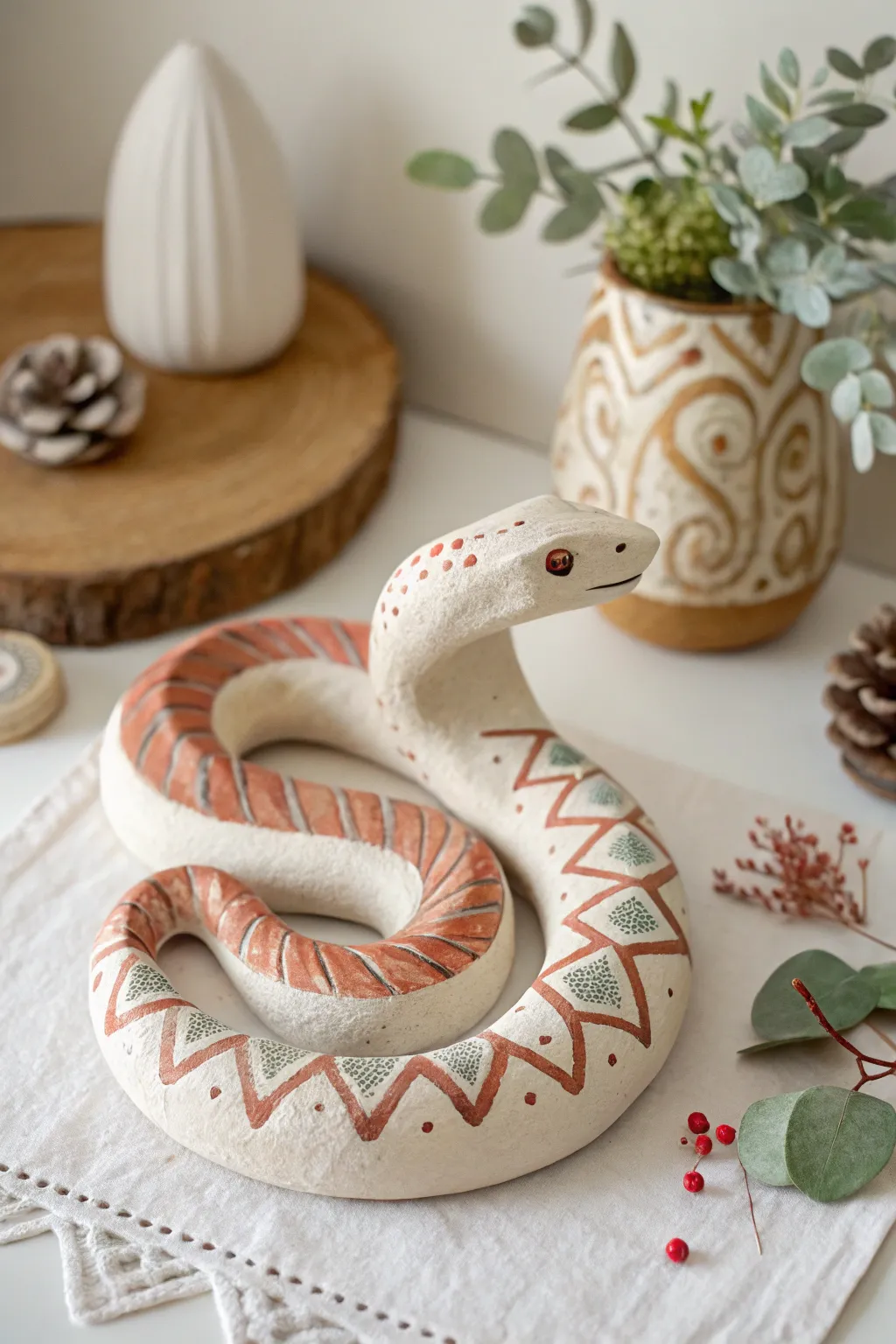 Chunky coil clay snake with stamped textures and bold stripes, a fun kindergarten modeling idea