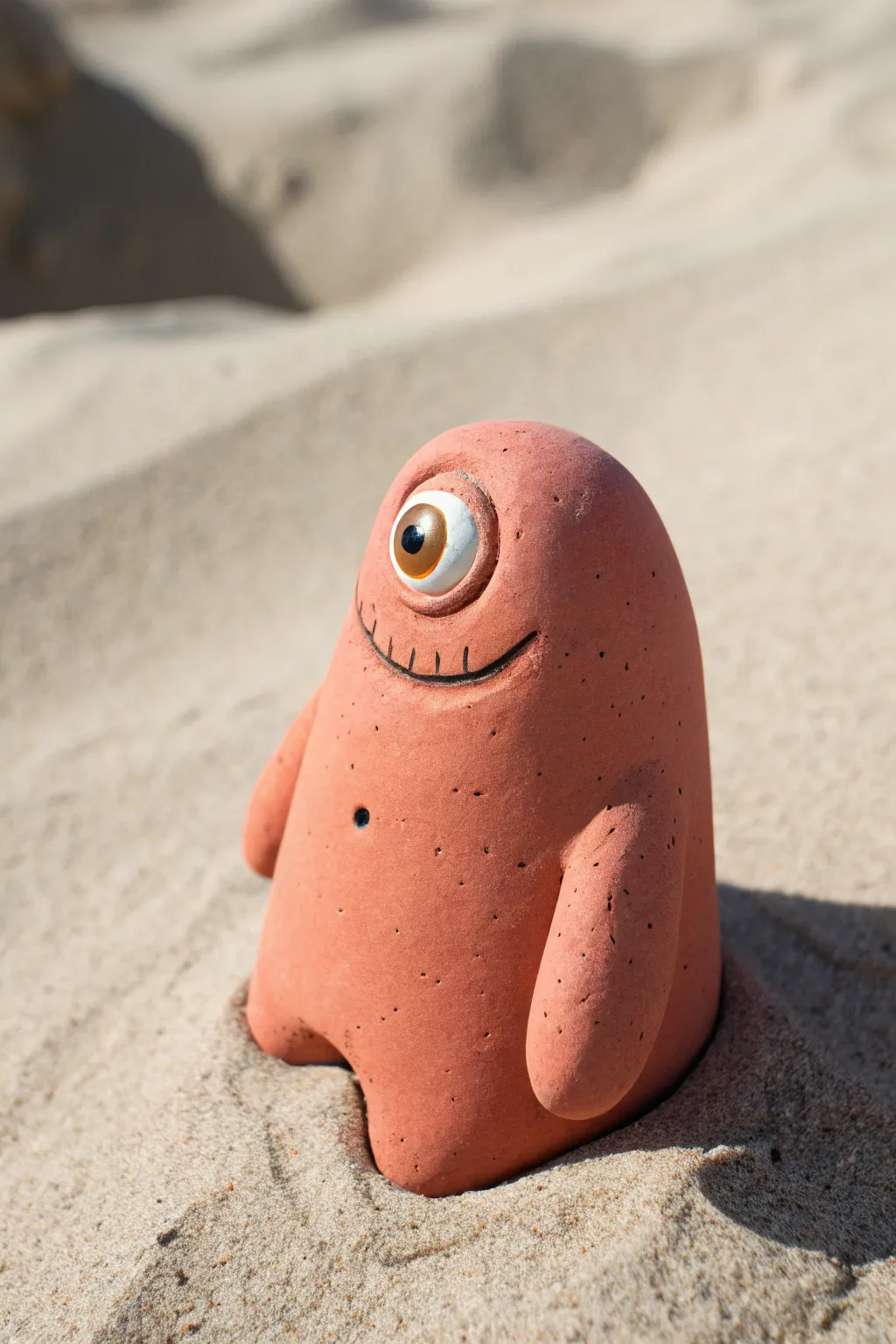 Easy clay cyclops blob monster in matte dusty coral, one giant eye and a tiny crooked smile.