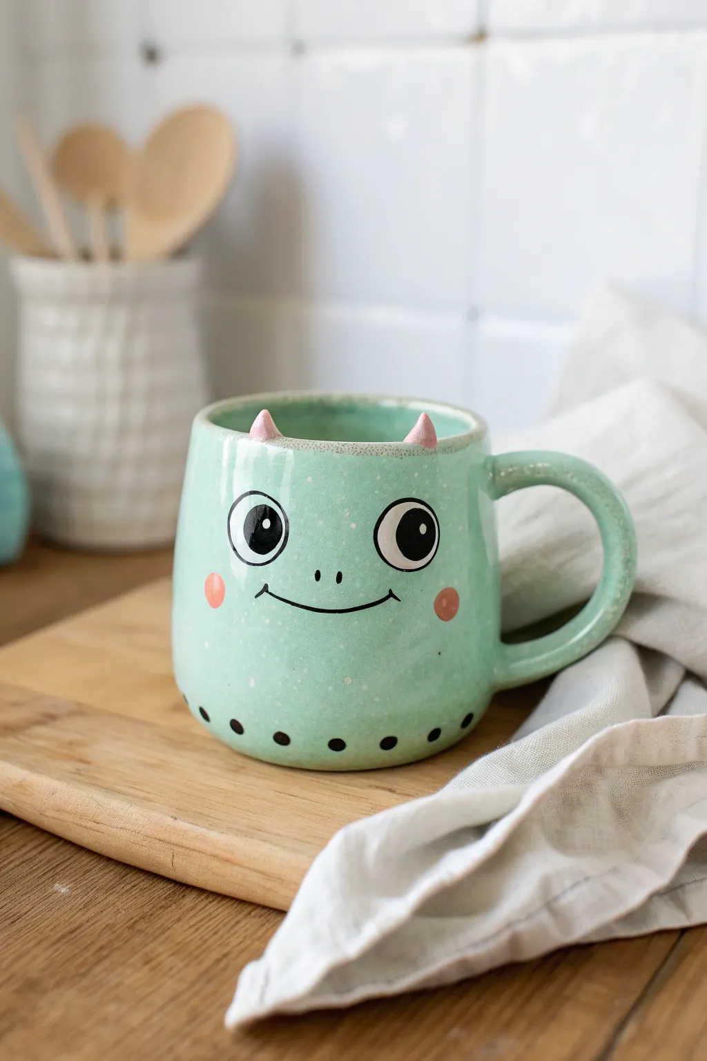 Goofy bug-eyed monster mug in soft pastels, minimalist boho styling with crisp contrast.