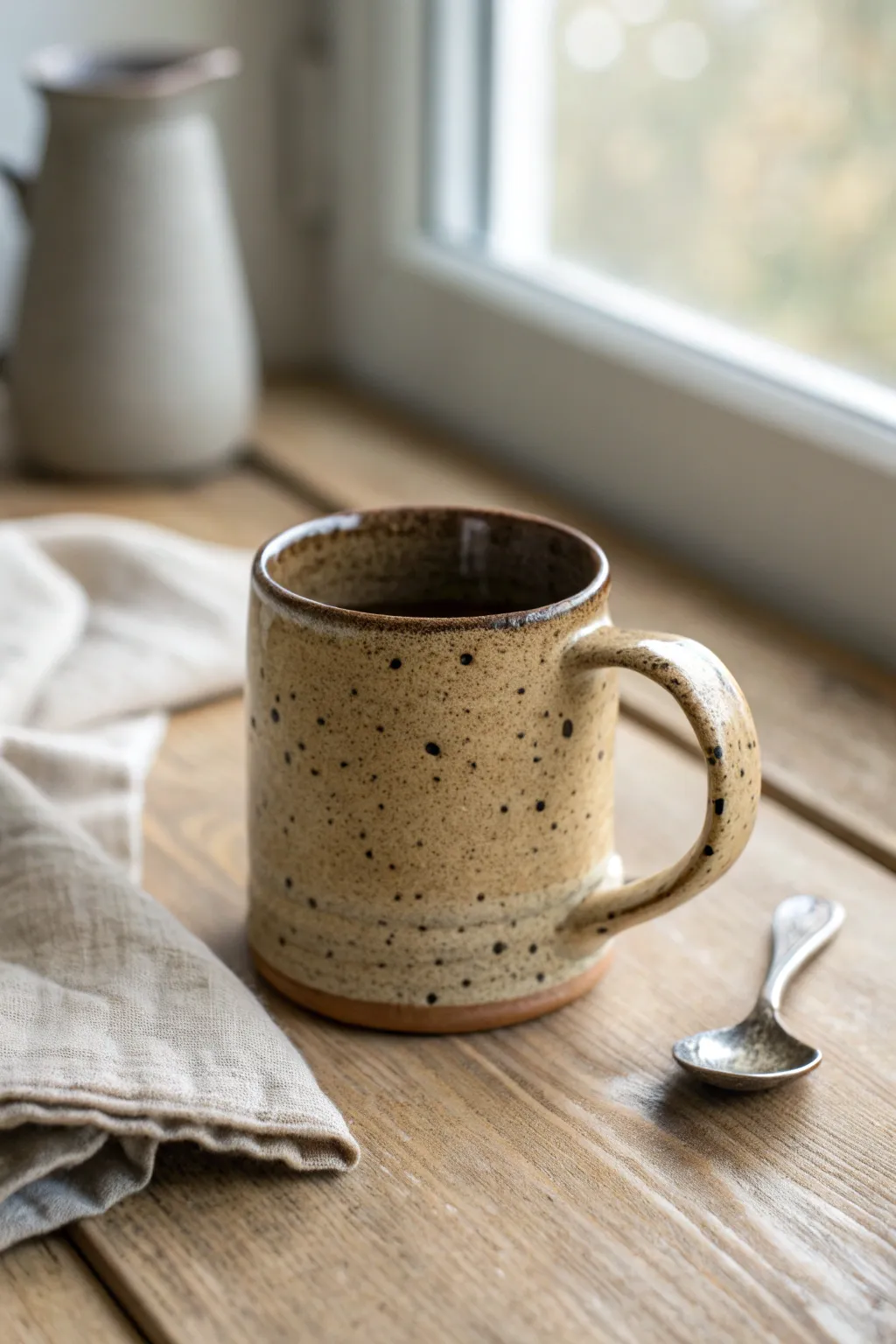 Warm speckled stoneware mug with satin glaze, styled simply for a cozy minimalist kitchen vibe.