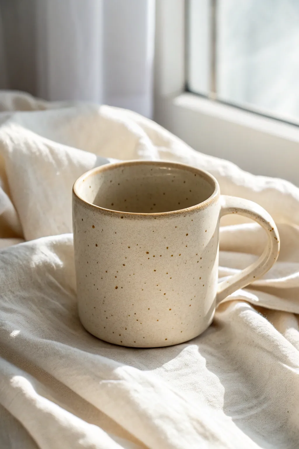 Simple creamy speckled mug with a smooth rim, styled on white linen in soft natural light