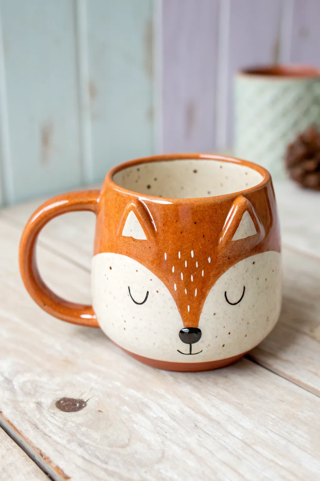 Sweet fox face mug with perky ears in warm terracotta tones for cozy Scandinavian mornings.