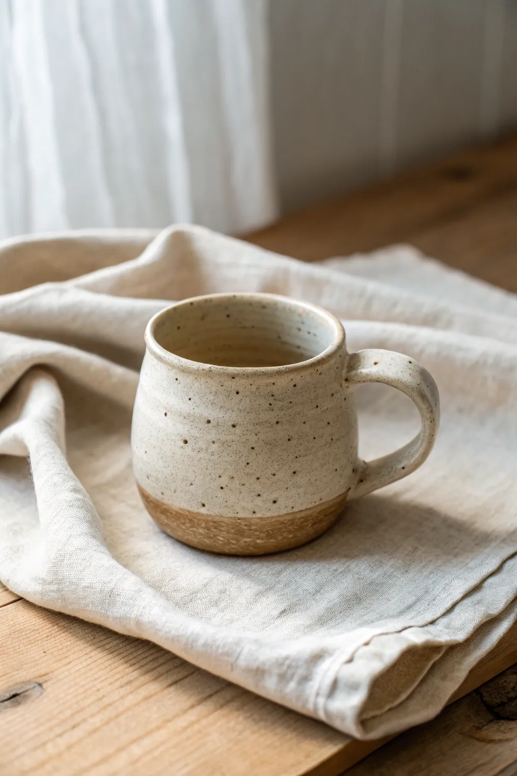 Easy pinch-pot mug with a flattened base, soft texture, and minimalist Scandinavian warmth
