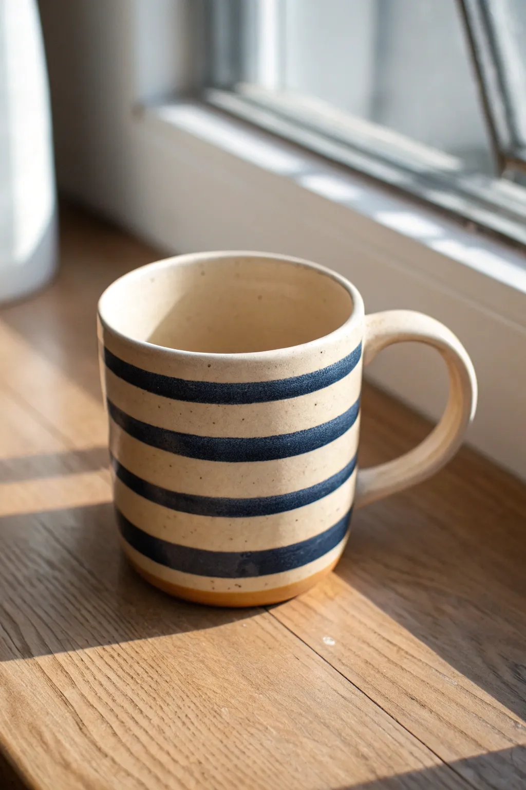 Classic navy and cream horizontal stripes for a clean, modern clay mug with cozy handmade charm.