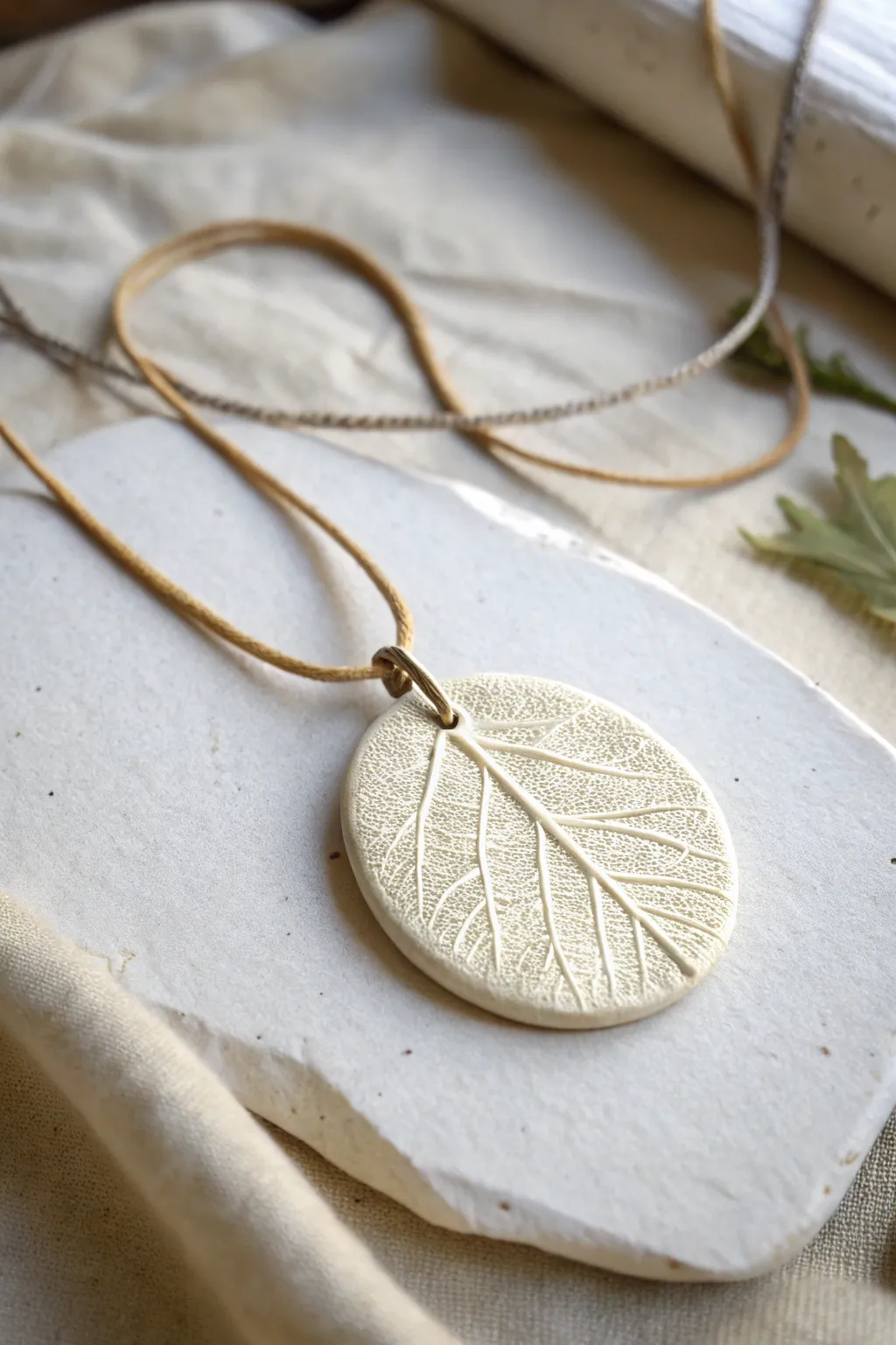 Textured clay disc pendant with lace imprint and simple cord, styled on pale stone for contrast.
