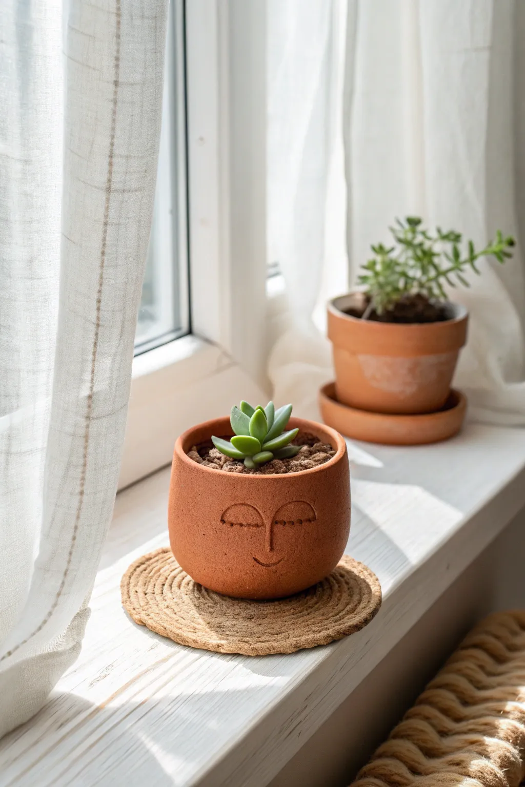 Handbuilt pinch pot mini planter with a tiny succulent, sunlit and minimal for cozy windowsills.