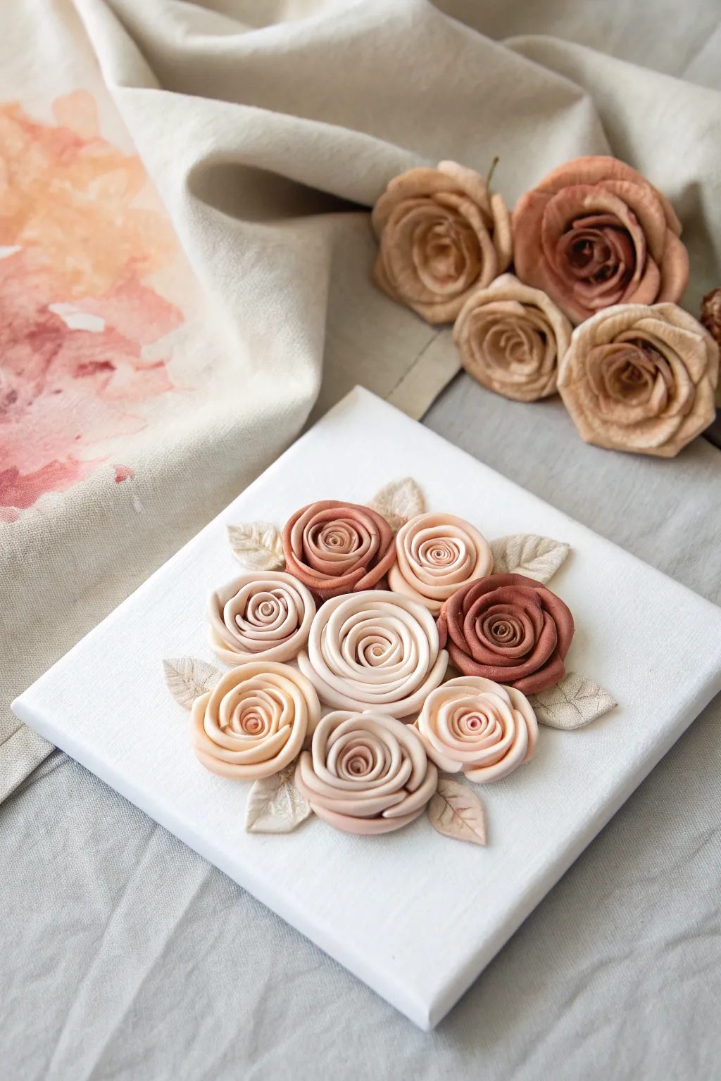 Minimal coiled clay rose cluster on a washed canvas, sweet handmade wall art with Nordic calm