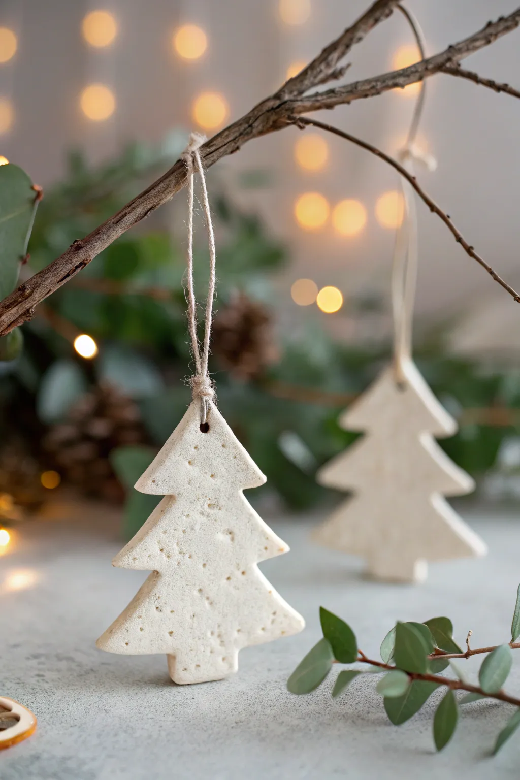 Mini clay tree cutout ornament with linen ribbon and warm bokeh lights, simple and cozy