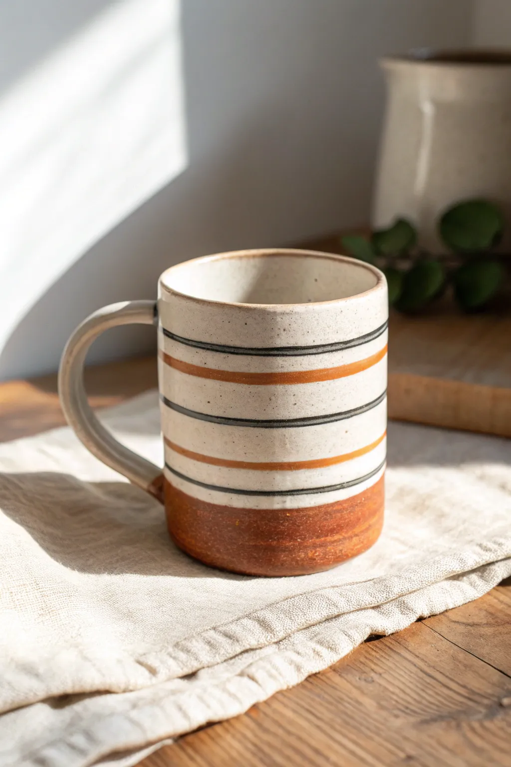 Crisp painted stripes and bands for a clean, modern clay mug design with warm natural contrast.