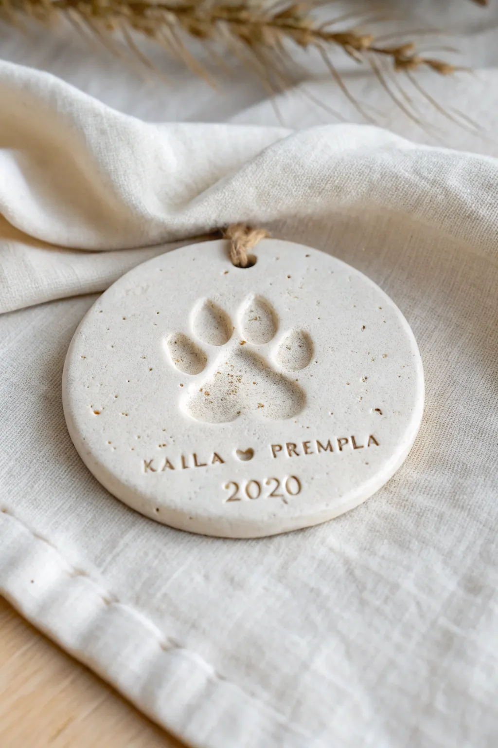 Minimal paw print keepsake with a clean stamped name space and date line, matte and timeless.