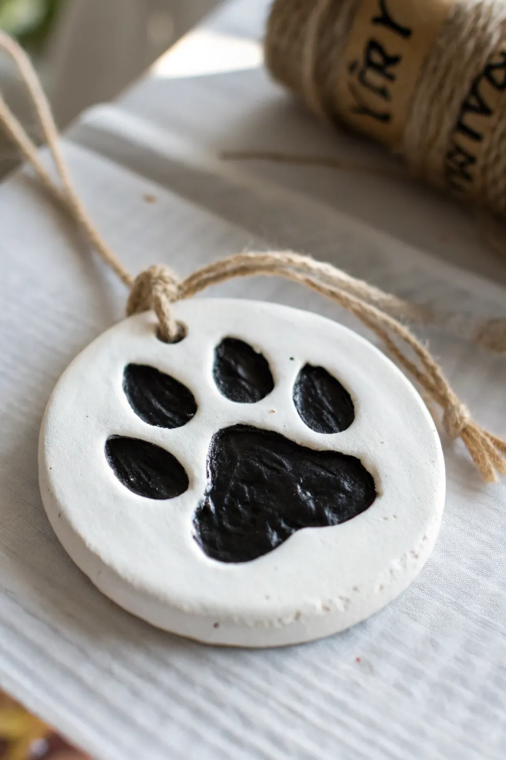 Crisp black paint nestled in a paw print impression on bright white clay for timeless contrast.