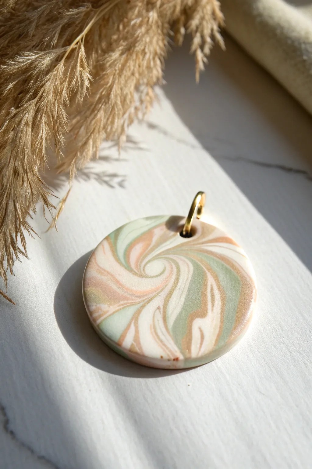 Classic marbled disc pendant in soft earthy swirls, minimalist and handmade with a satin glow