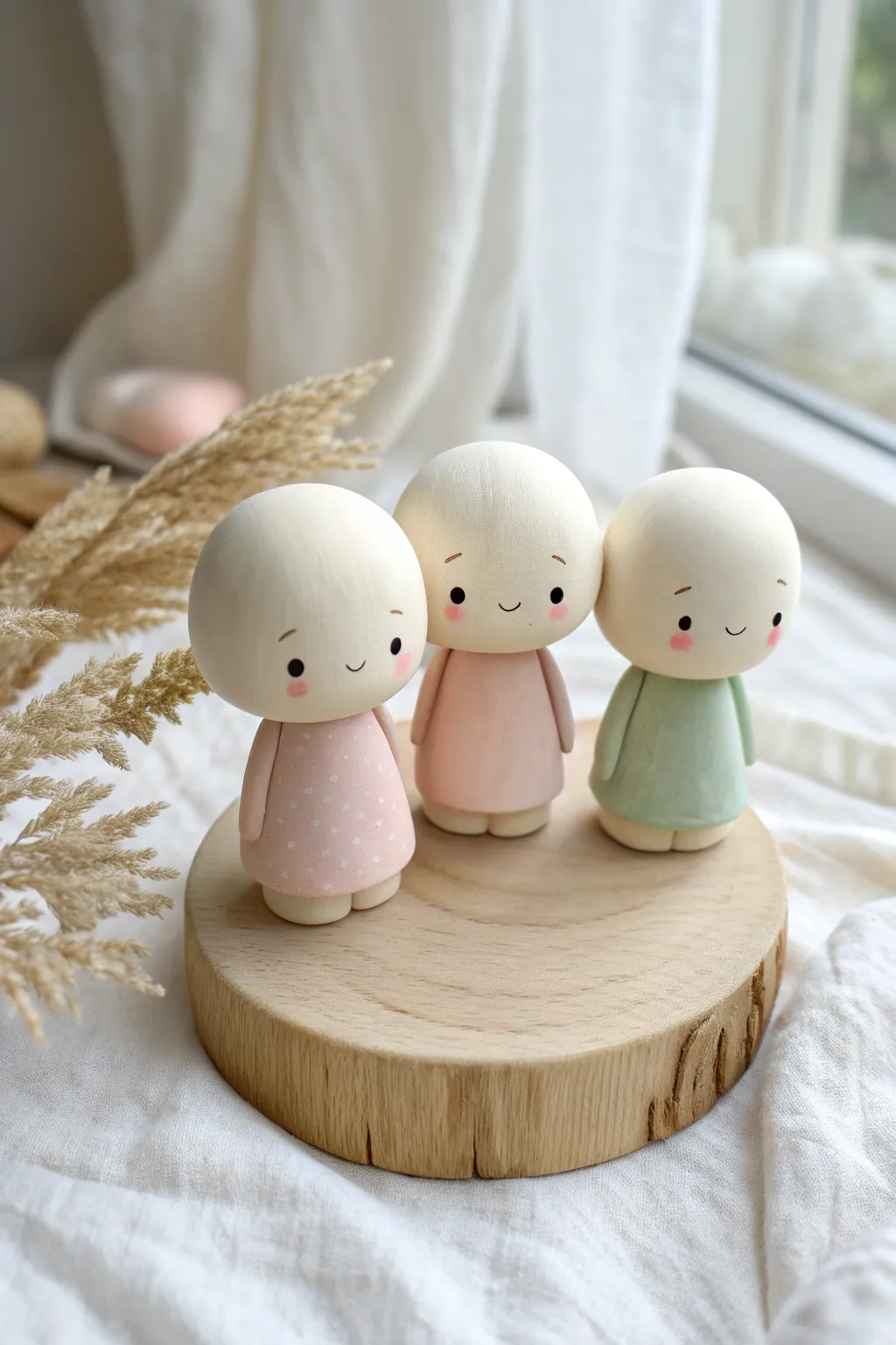 Chibi clay best friends with oversized heads and soft pastel outfits, minimalist Scandinavian vibe.
