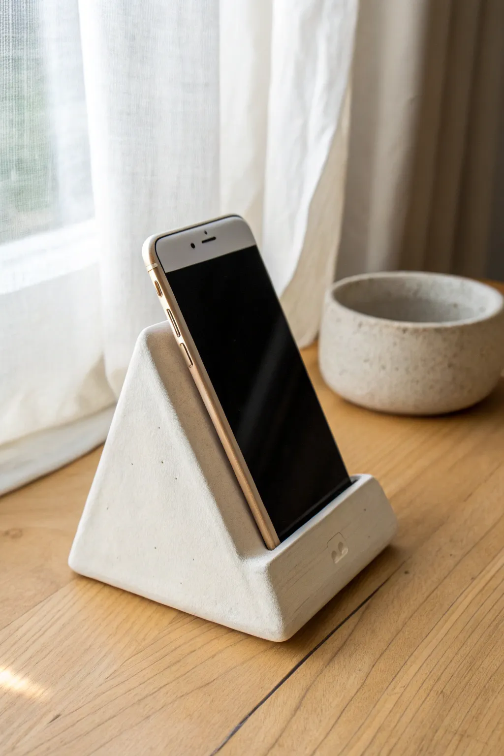 Minimal clay triangle wedge phone stand with a clean groove and calm Scandinavian feel