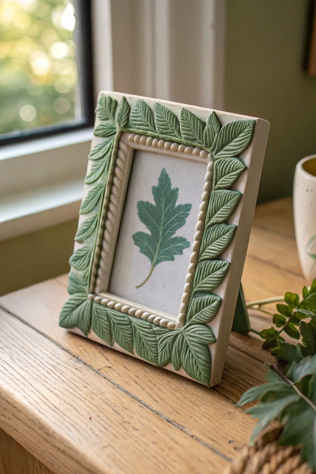 Twisty green vine border clay frame with a calm botanical photo, minimalist and naturally elegant