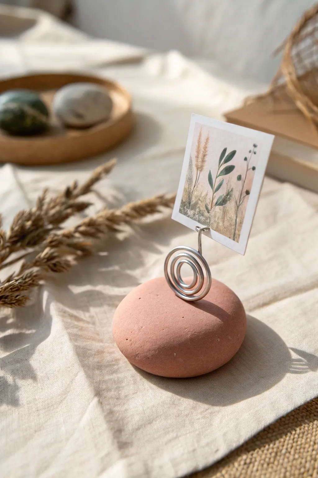 Minimal clay photo holder with coiled wire clip, neutral tones and a soft pop of color