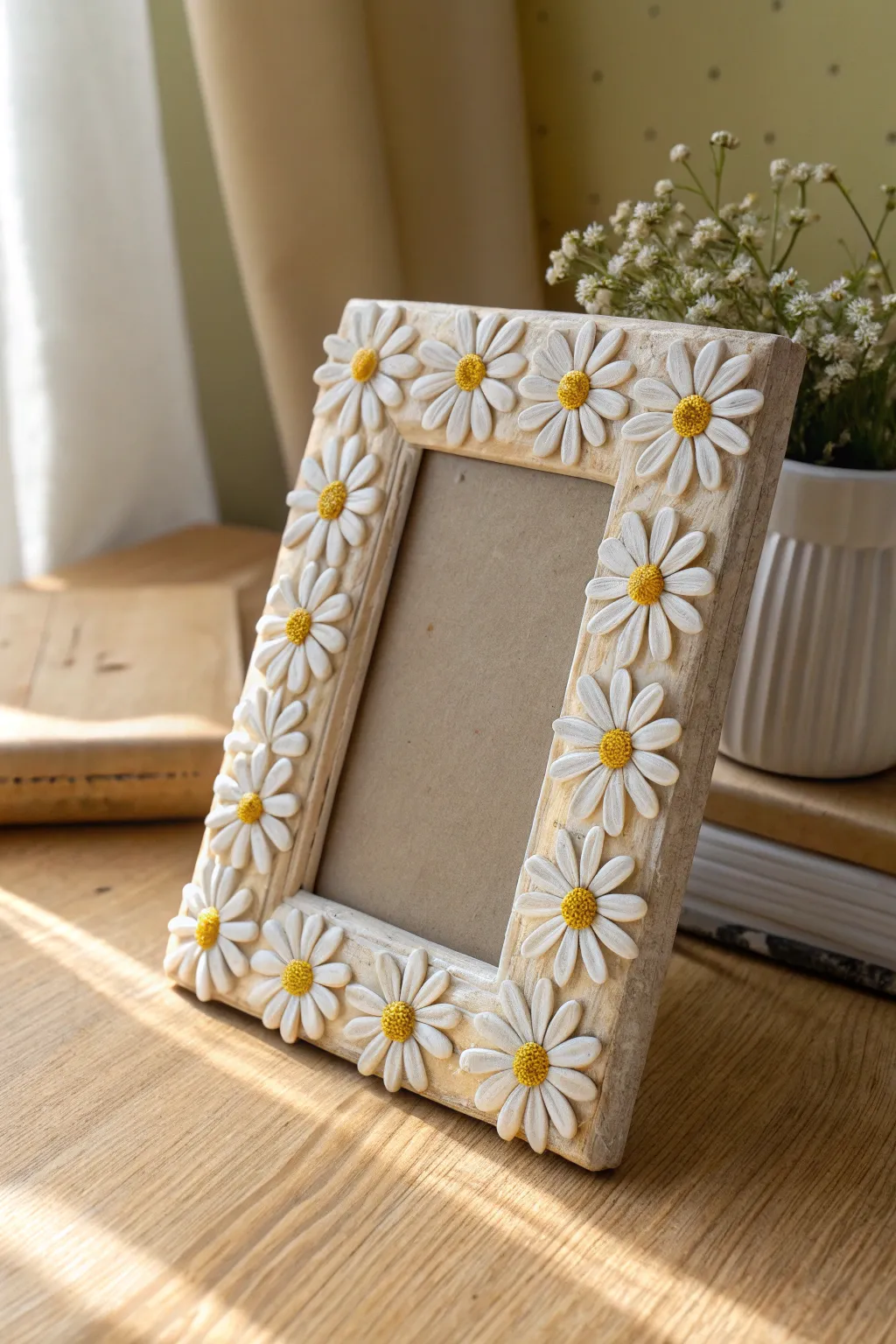 Cheerful all-over daisy clay frame with sunny contrast, minimal styling, and handmade charm