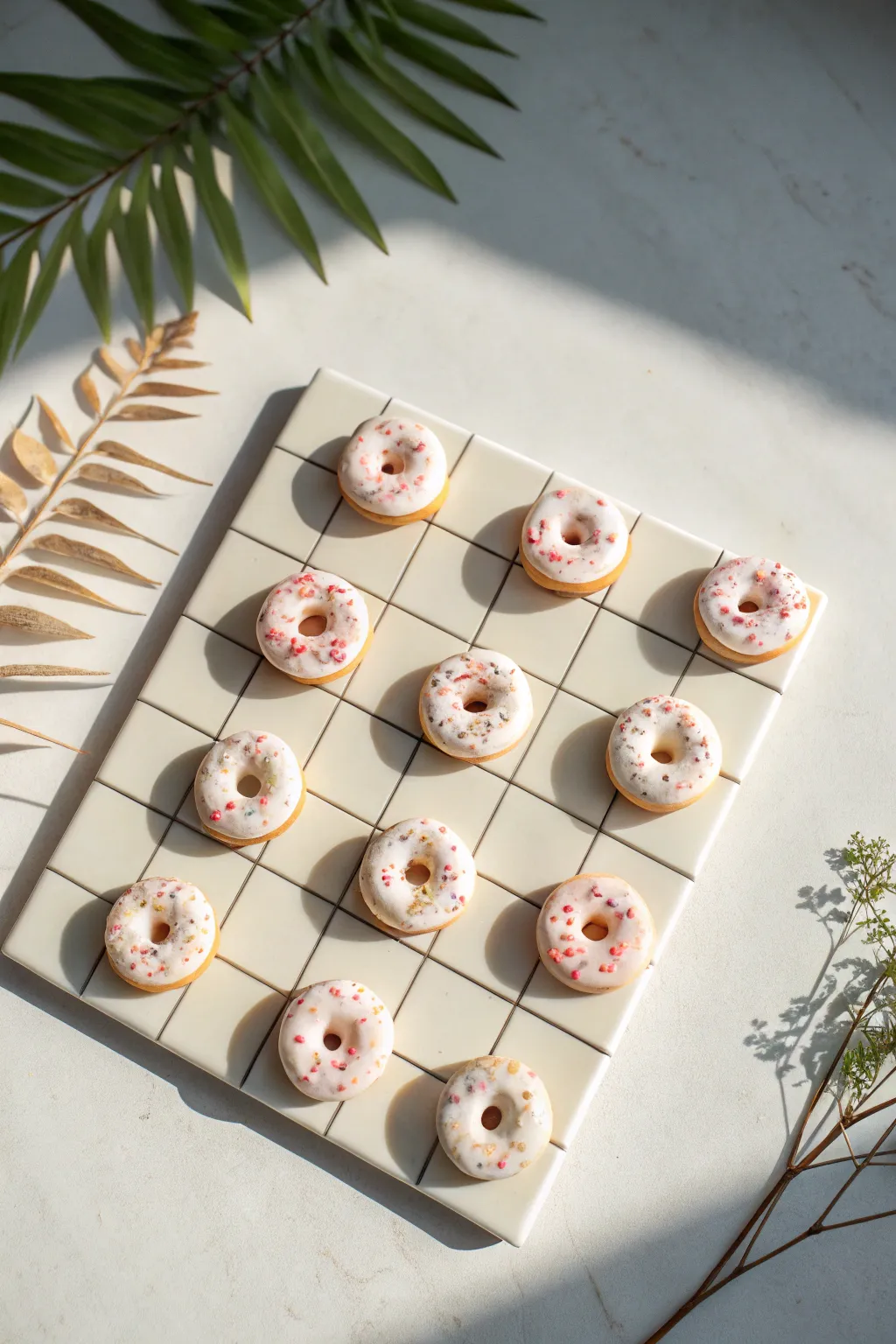 Sweet mini donut clay pins with glossy icing, styled in a minimalist boho flat lay.