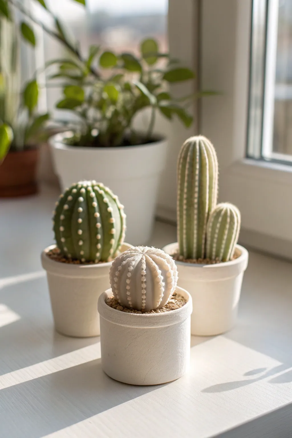Chunky mini clay cactus trio in matching pots, minimalist boho decor with sweet dotted spines