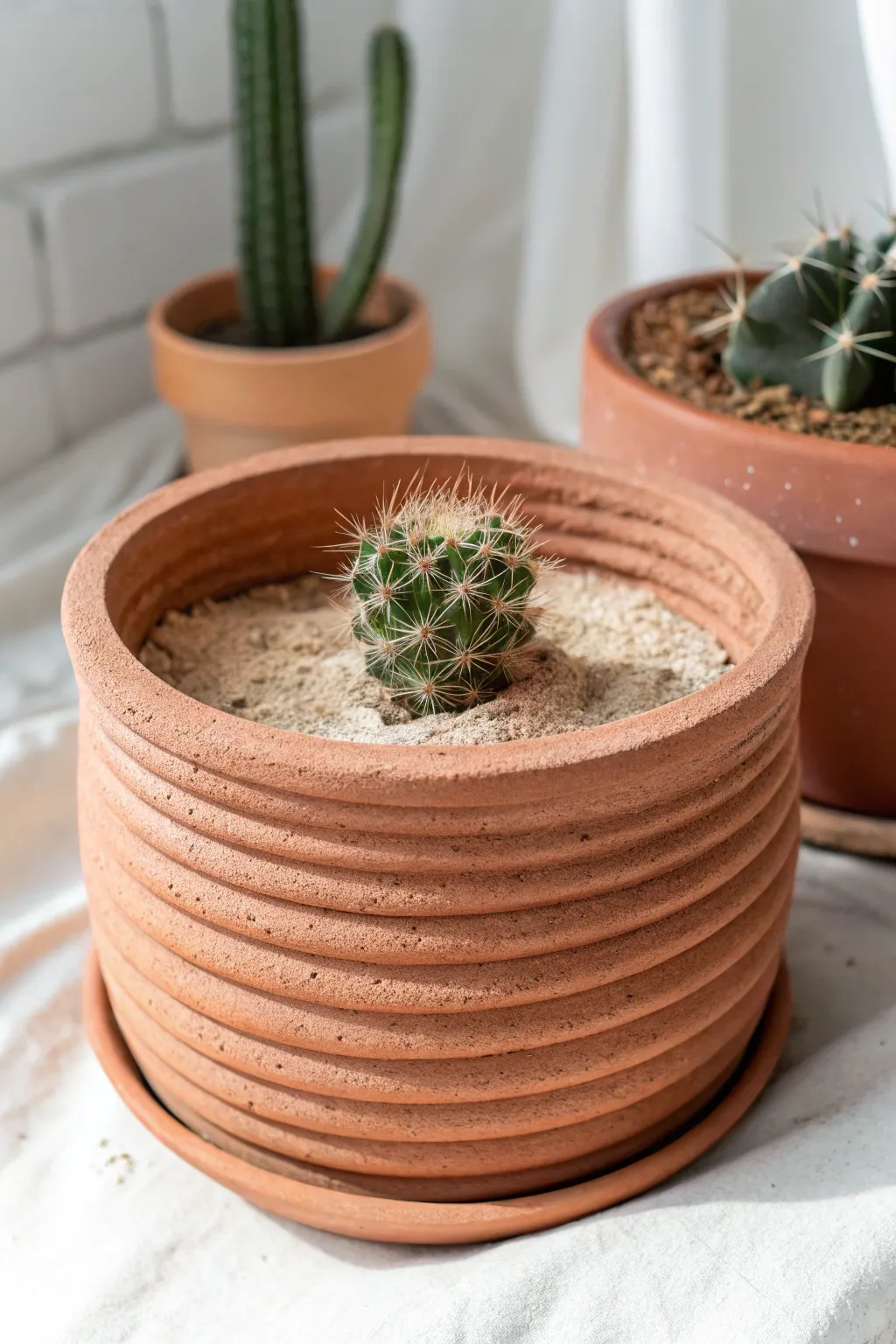 Soft-ridged coil planter in earthy terracotta, styled minimally with a single petite cactus.