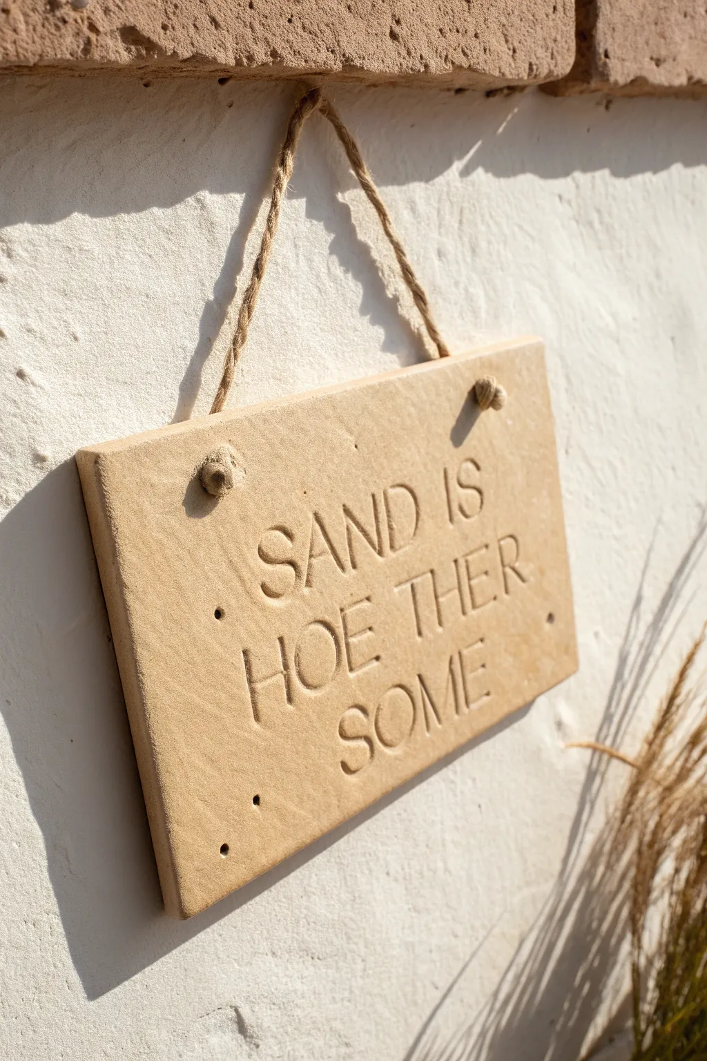 Minimalist clay quote plaque with letter-stamped texture, hung with linen cord on a neutral wall
