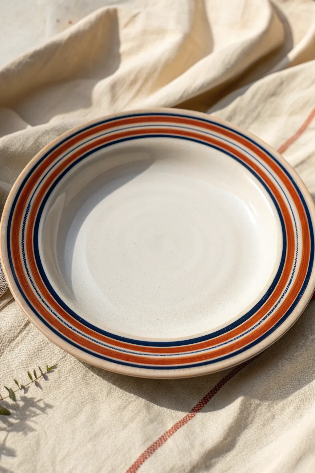 Classic rim stripes in terracotta and navy make a timeless painted plate with clean minimalist charm.