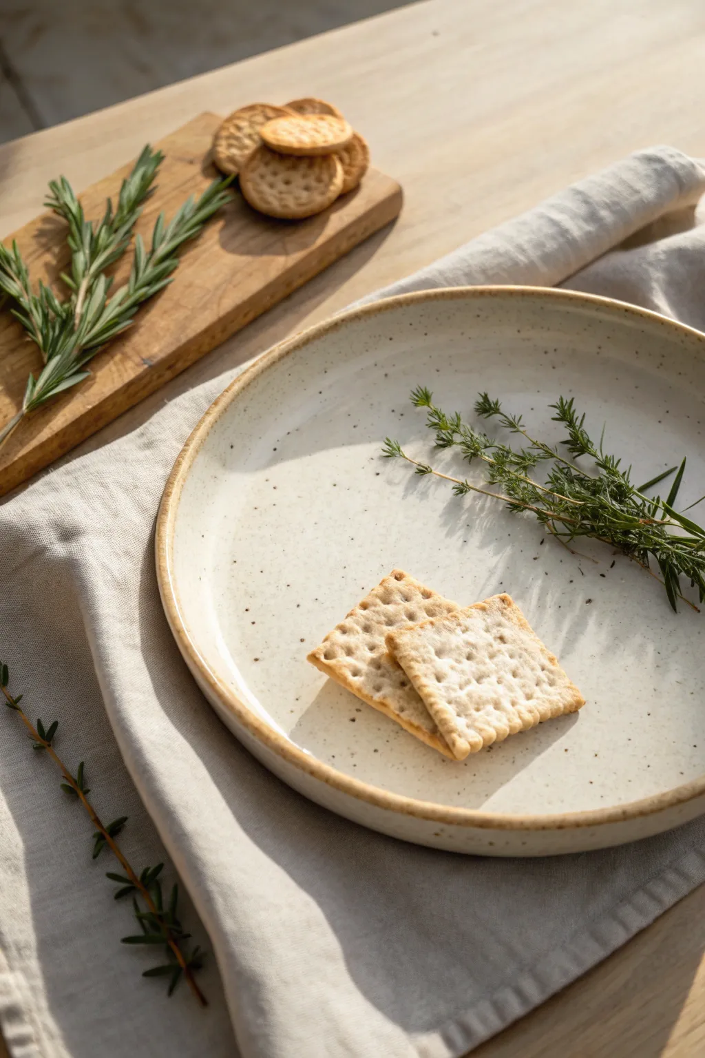Round raised-rim clay platter styled with crackers and herbs for a minimalist, cozy table moment