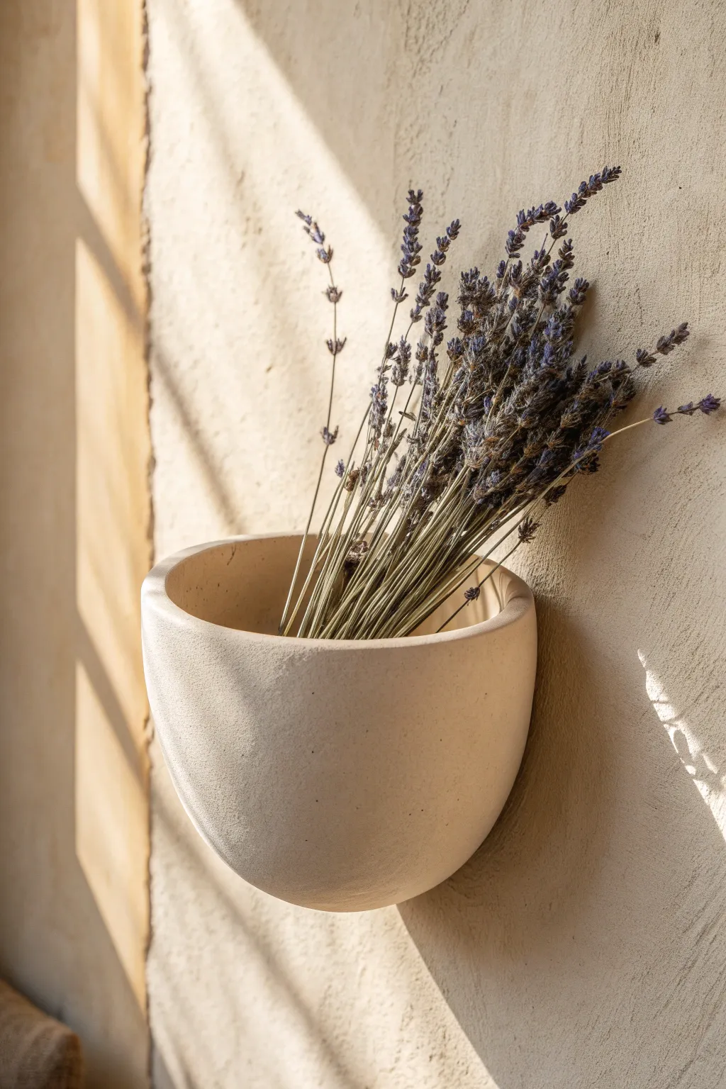 Minimal half-moon clay pocket with soft neutral glaze and a bundle of dried lavender