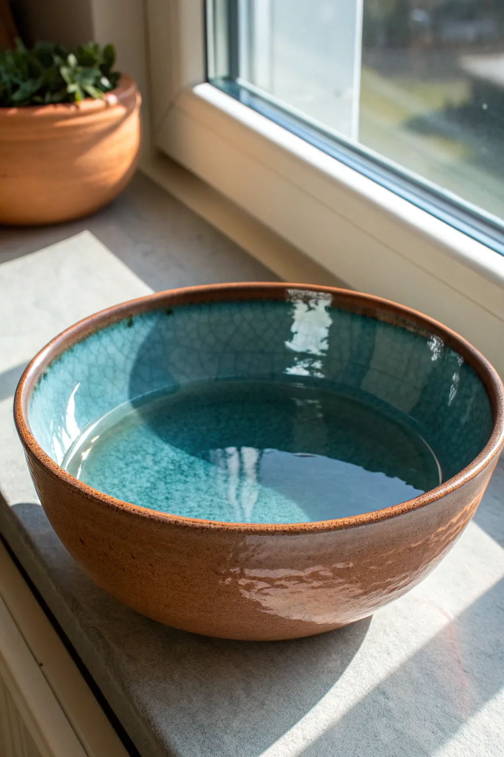 Glassy water surface glaze turns a simple clay pond into a calm, reflective centerpiece.