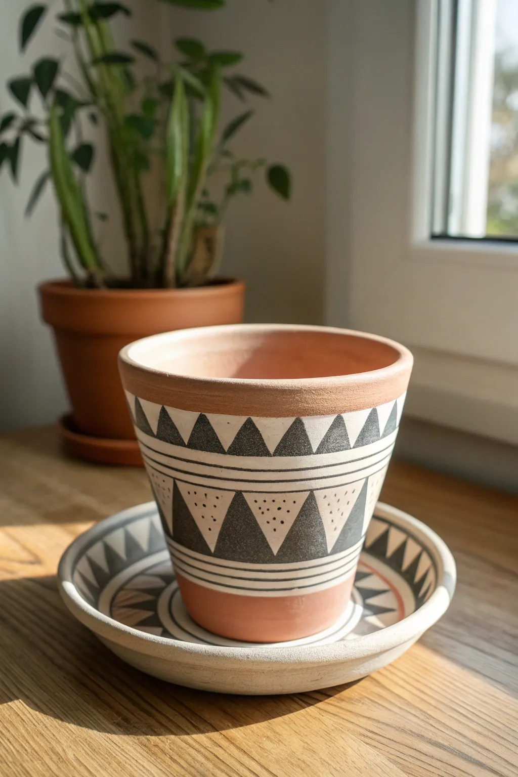 Simple geometric color blocks transform a terracotta pot into modern minimalist decor.
