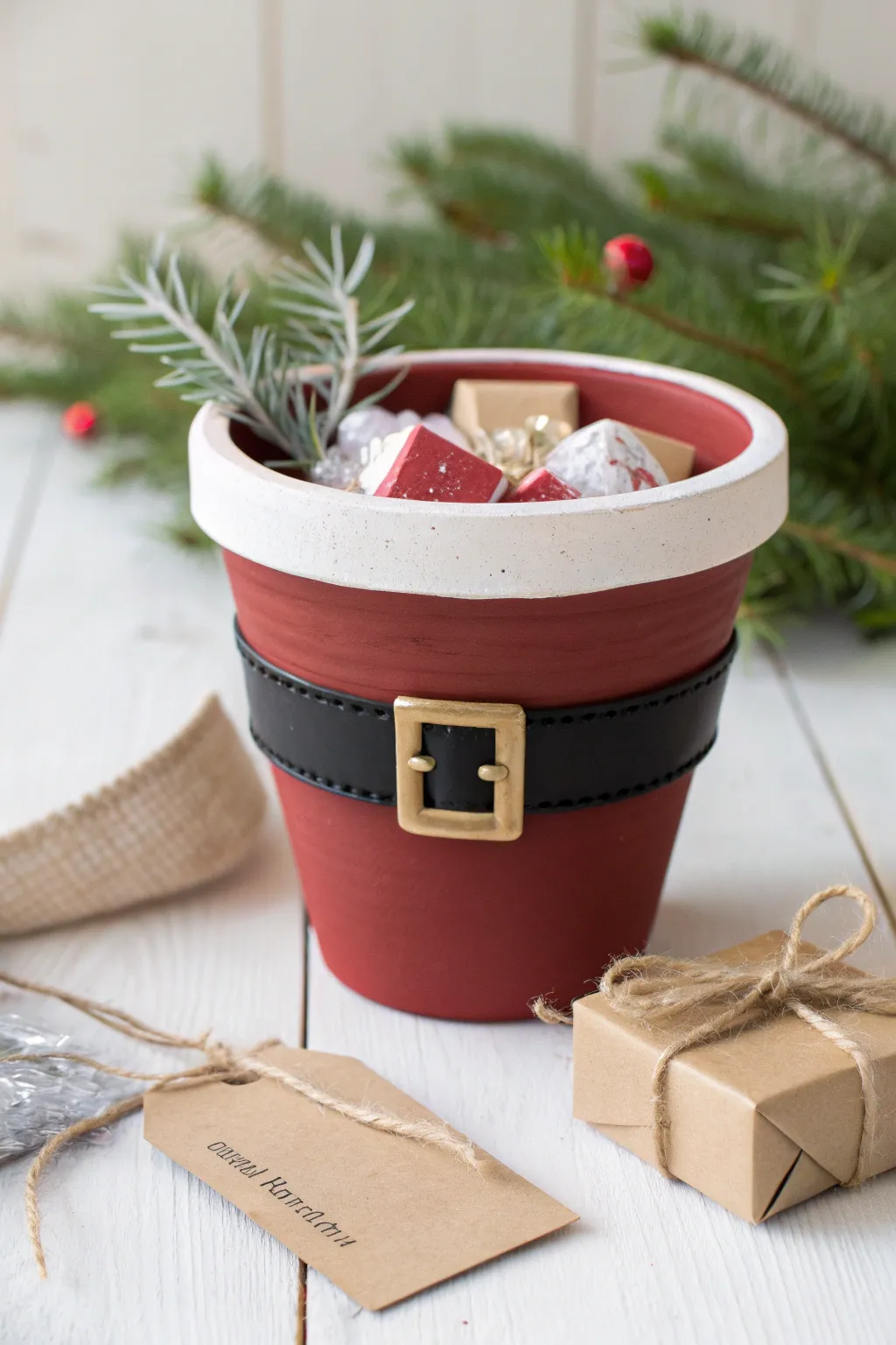 Santa belt clay pot holder filled with candy, tied with ribbon for an effortless Christmas gift.