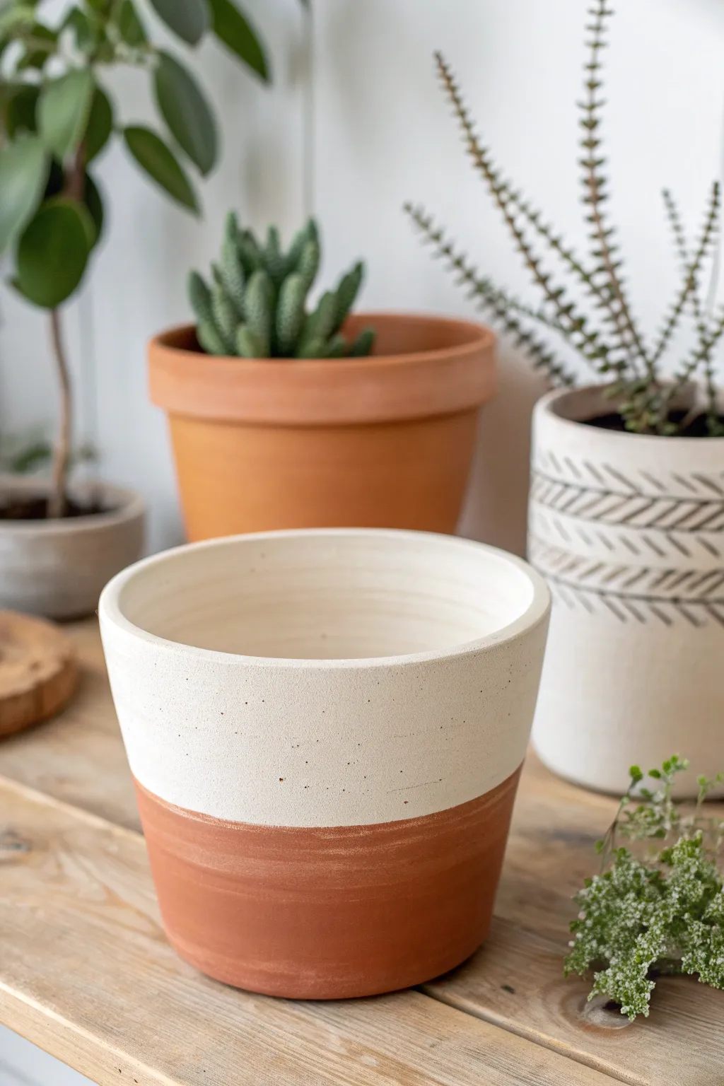 Half-dipped two-tone terracotta: crisp cream paint meets raw clay for an easy modern look