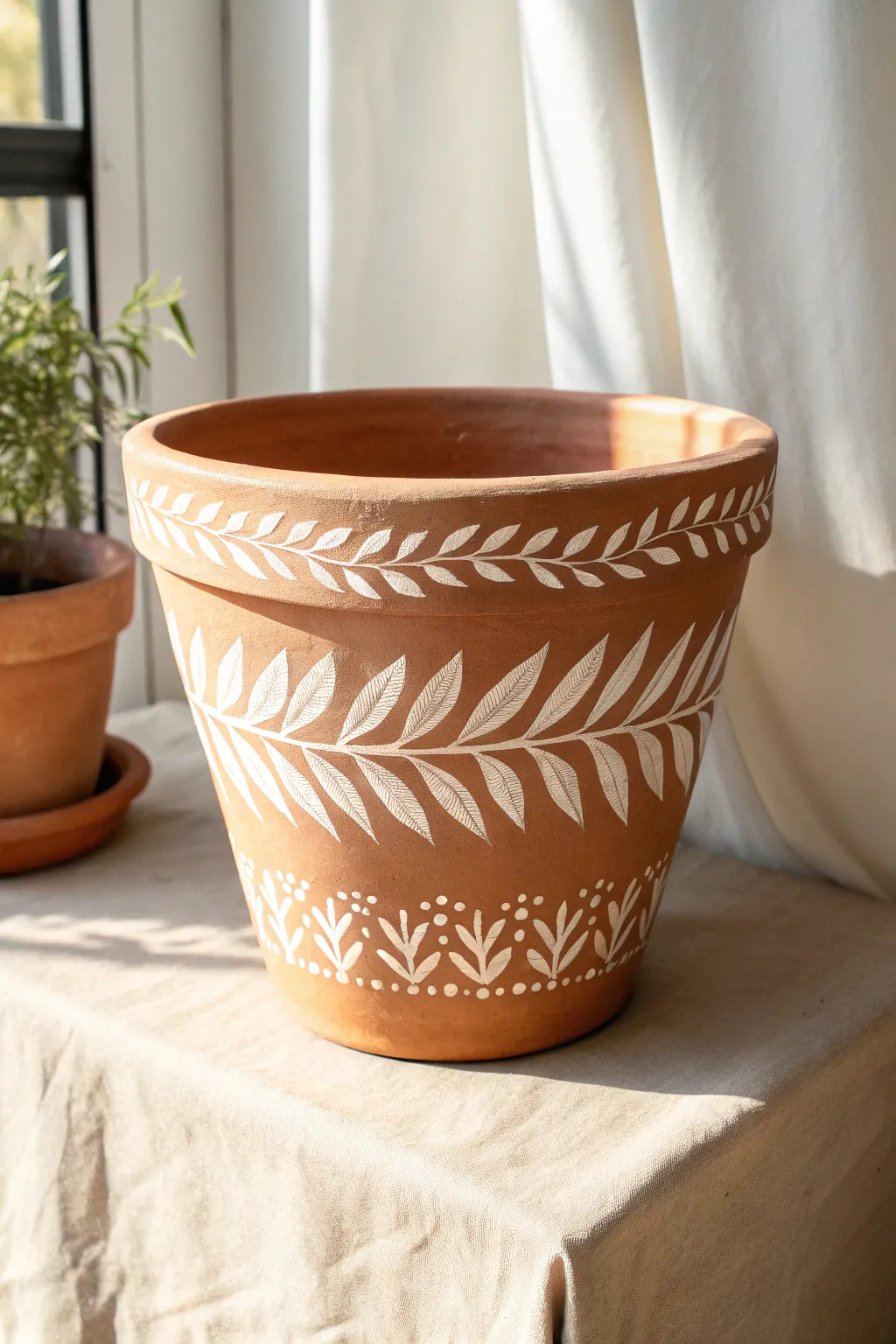 Crisp stenciled clay pot with high-contrast motif for an easy, modern Scandi-boho finish