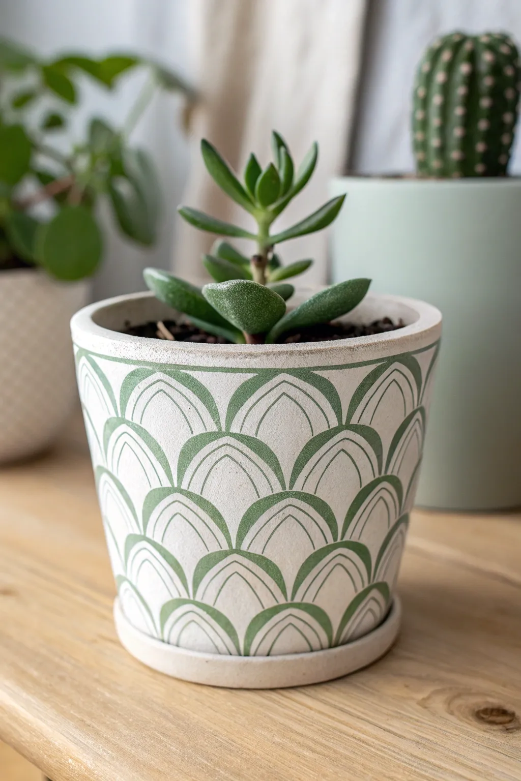 Easy two-tone stenciled arches and leaves on a clay pot for an instant, modern pattern