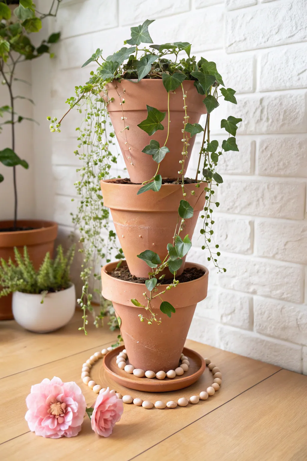 Topsy-turvy stacked terracotta planter with trailing greens and soft pink blooms for small patios