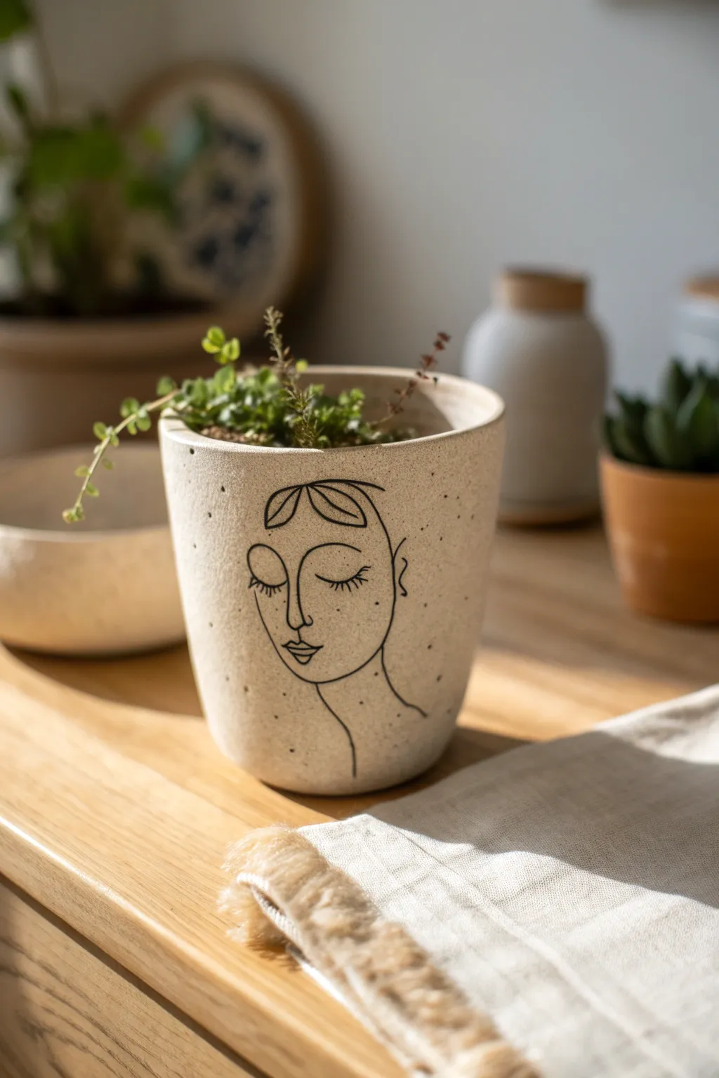 Minimal line art face pot in matte clay, styled with a small trailing plant in soft neutral light.