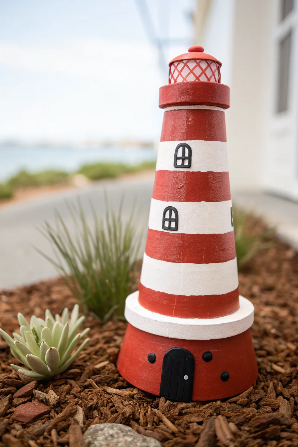 Bold red and white clay pot lighthouse with crisp stripes, a simple coastal accent for gardens.